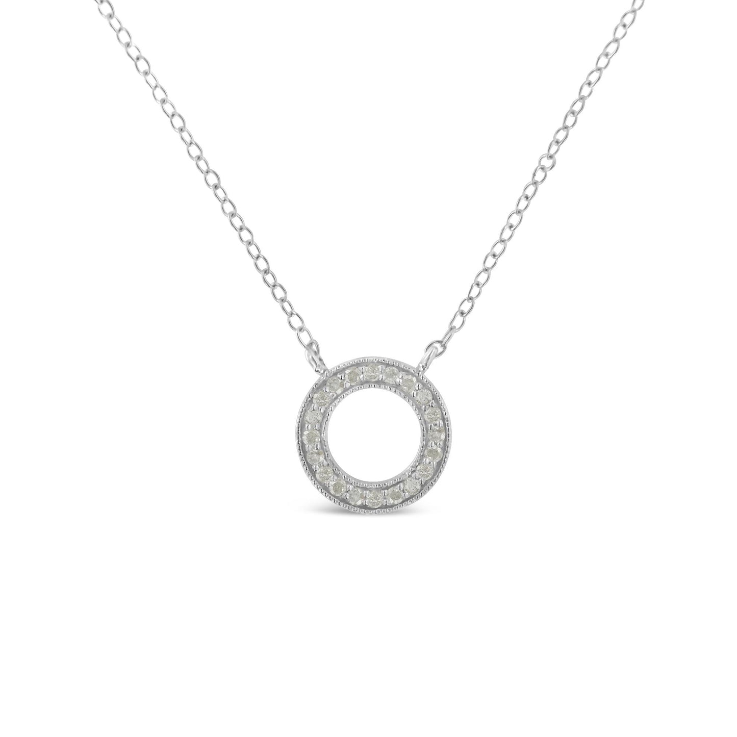 Front view of a white metal necklace with a circular pendant paved with round white gemstones.