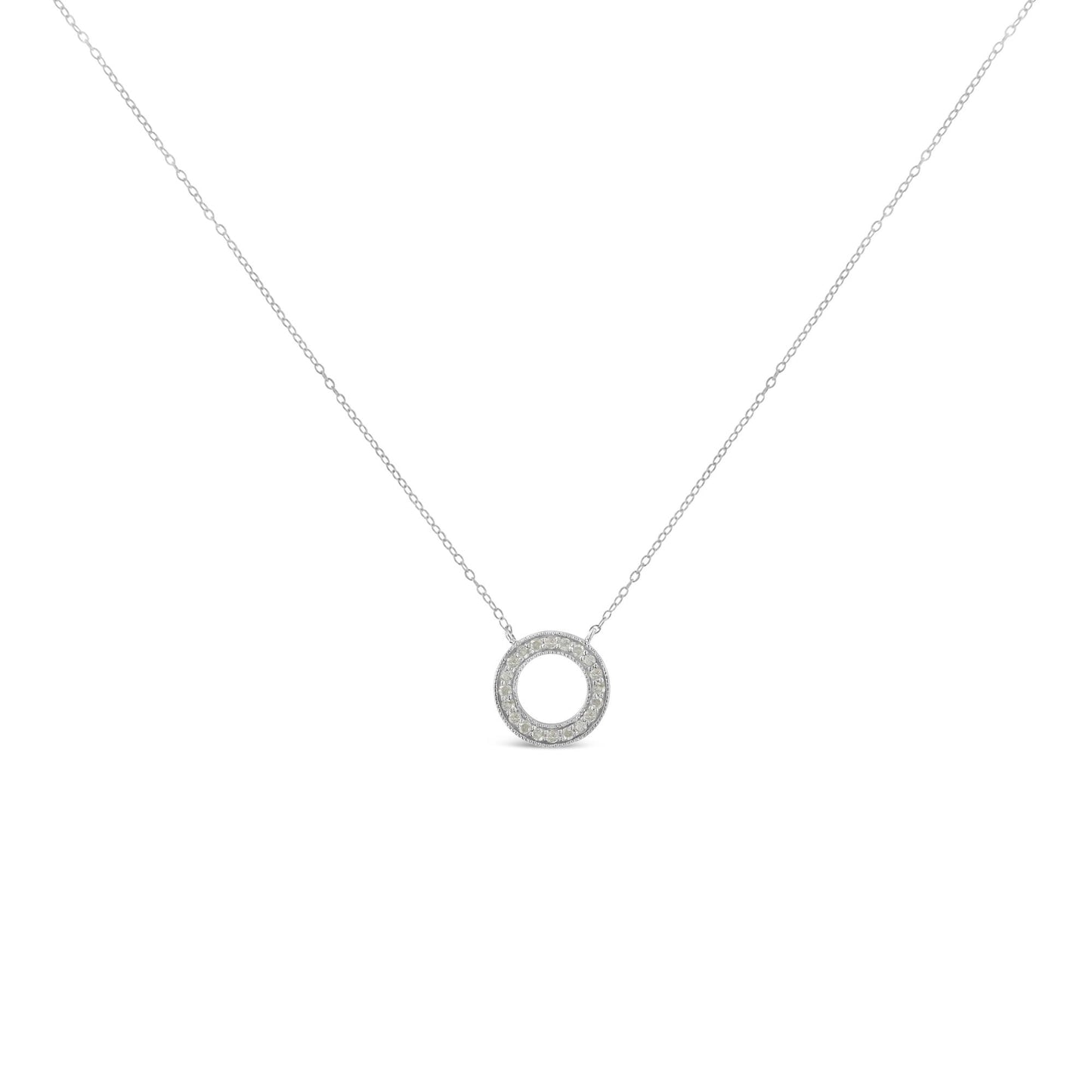 Front view of a white metal necklace with a circular pendant featuring round white gemstones in a pave setting.