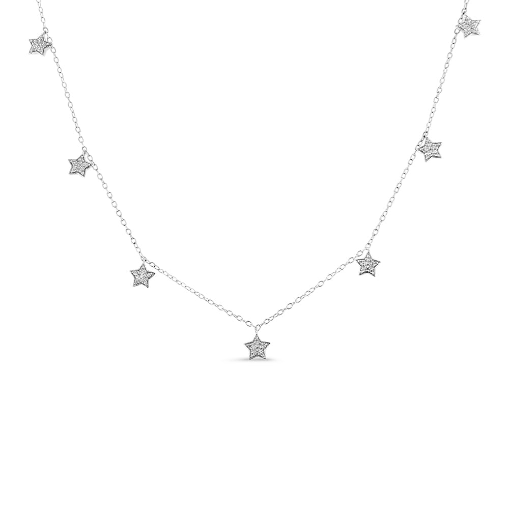 White metal necklace with multiple small star-shaped pendants each set with round white gemstones, shown in a front-facing view.