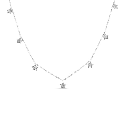 White metal necklace with multiple small star-shaped pendants each set with round white gemstones, shown in a front-facing view.