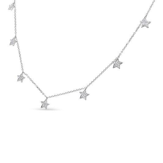 White metal necklace with multiple star-shaped pendants set with round white gemstones, shown in a close-up front view.