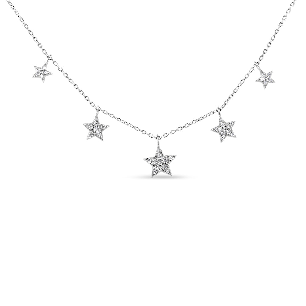 White metal necklace with five star-shaped pendants encrusted with small white gemstones, displayed on a white background, front-facing angle.
