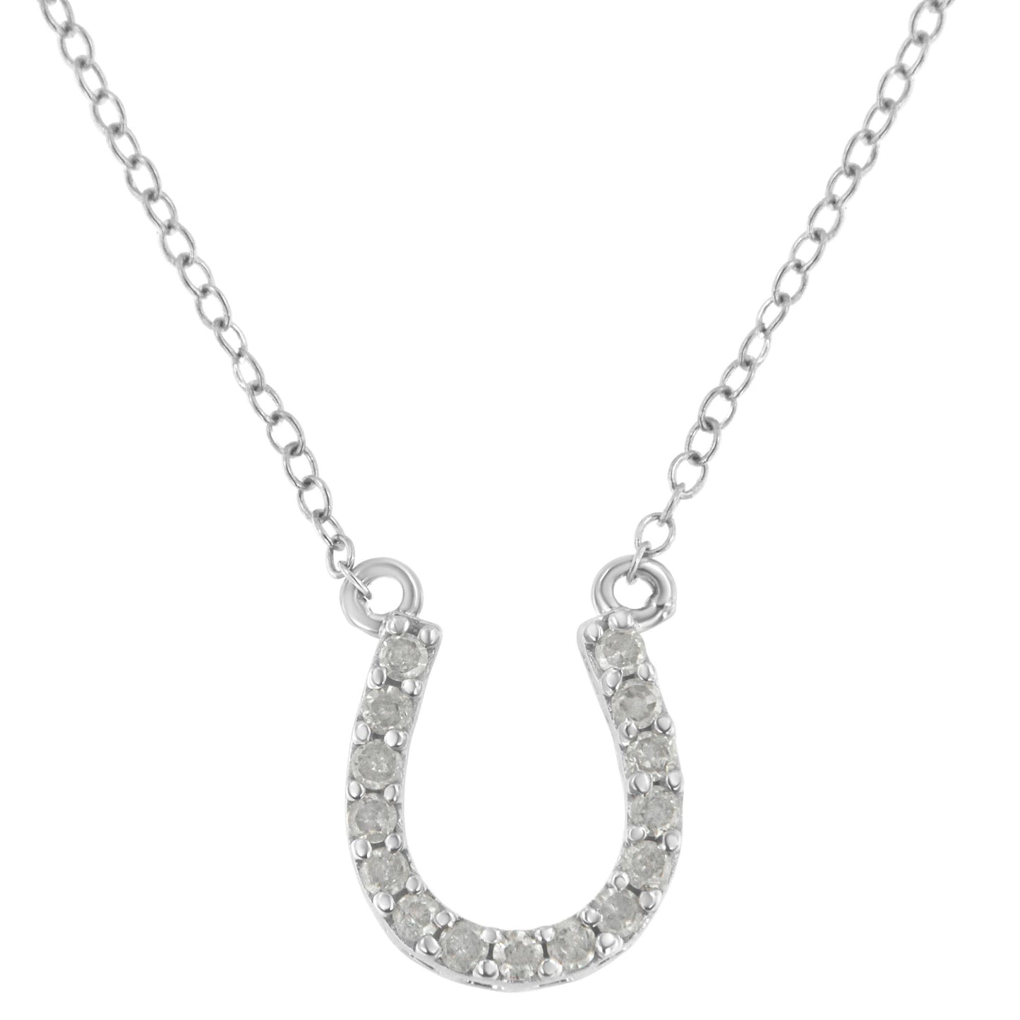 Front view of a white metal necklace with a horseshoe-shaped pendant featuring multiple round white gemstones in prong settings.