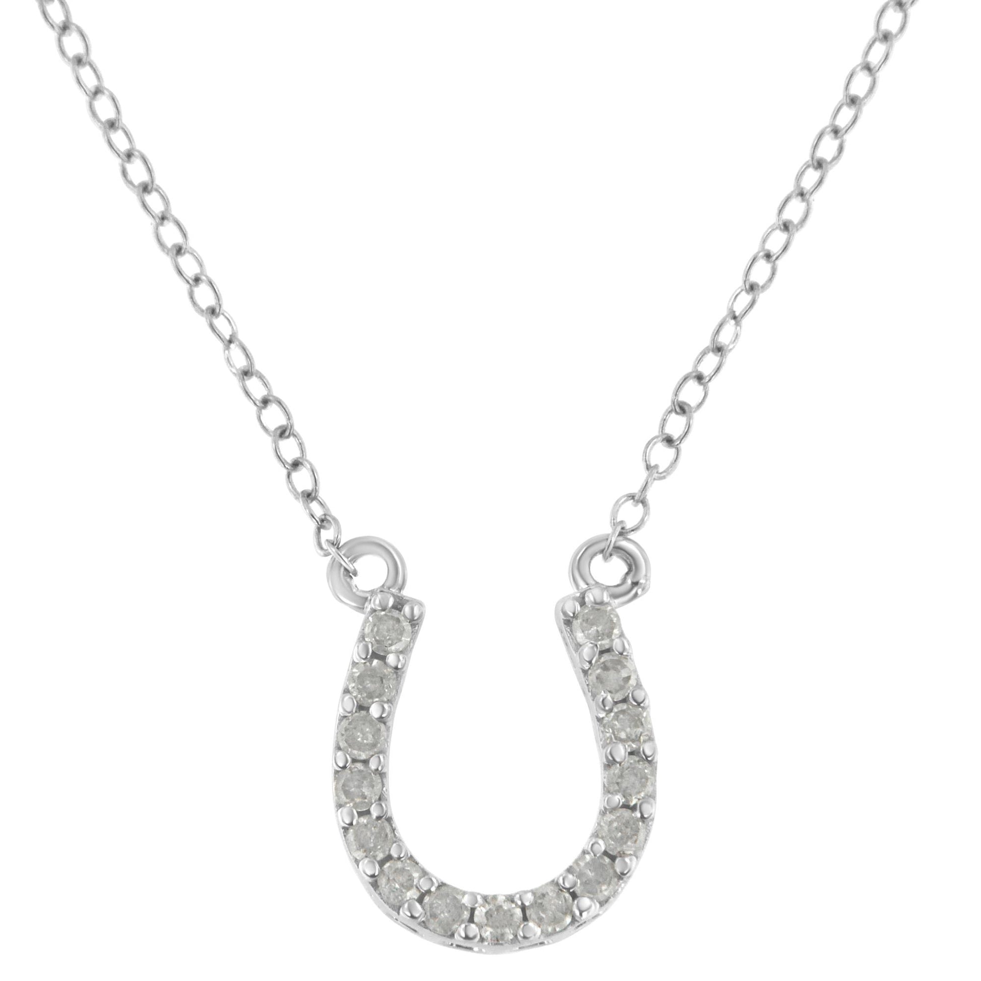 Front view of a white metal necklace with a horseshoe-shaped pendant featuring multiple round white gemstones in prong settings.