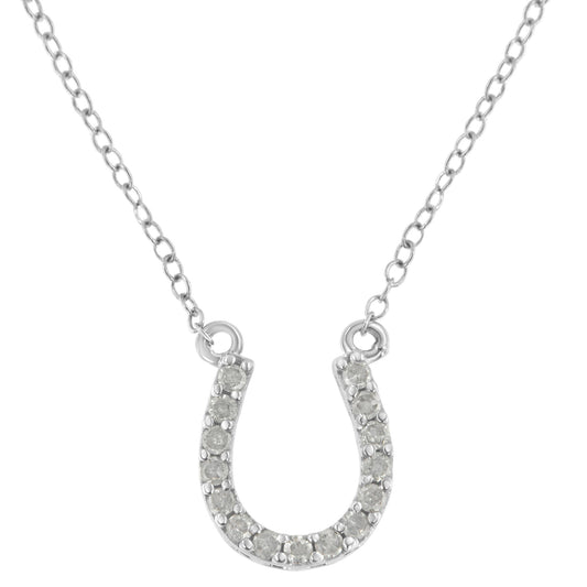 Front view of a white metal necklace with a horseshoe-shaped pendant featuring multiple round white gemstones in prong settings.