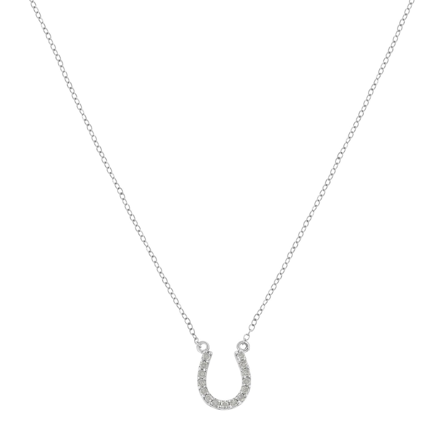 Front-facing shot of a white metal necklace with a horseshoe-shaped pendant embellished with round white gemstones in prong settings.
