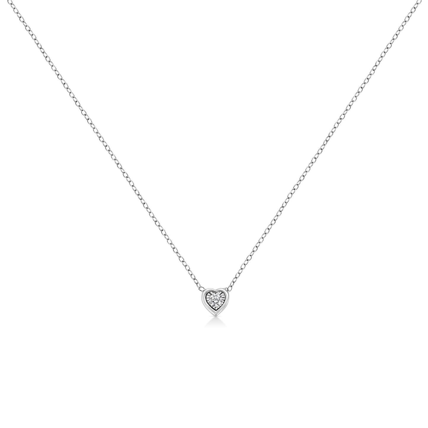 White metal necklace with a heart-shaped pendant featuring a round white gemstone, shown in a front-facing view.