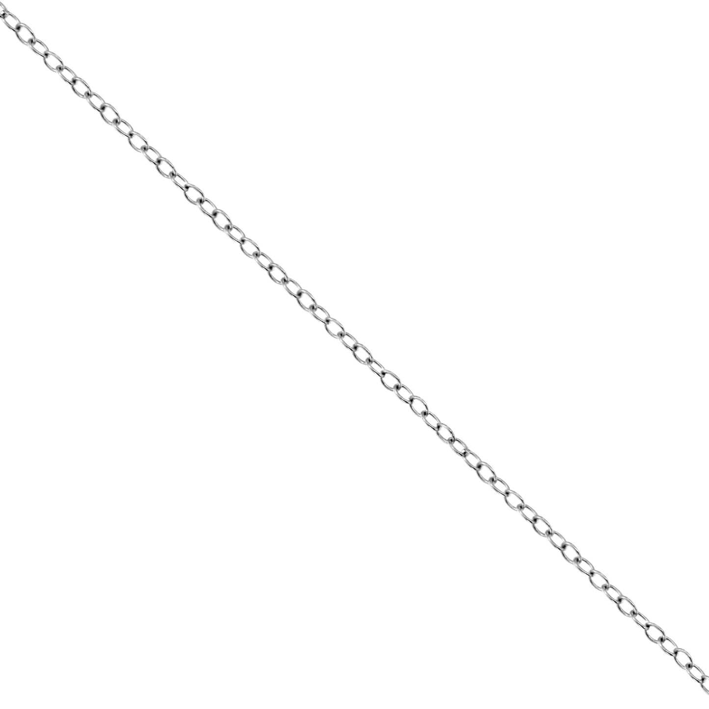 Diagonal close-up of a white metal necklace chain with a single round white gemstone in a miracle setting.