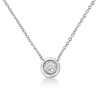 Front view of a white metal necklace with a round white gemstone in a miracle setting pendant.