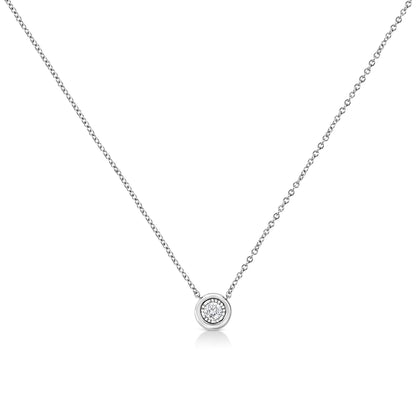 Front view of white metal necklace with a round white gemstone in a bezel setting.