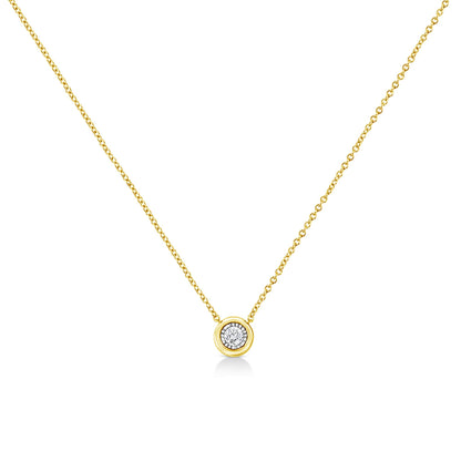 Front-facing view of a yellow metal necklace with a round shaped gemstone in a miracle setting pendant.