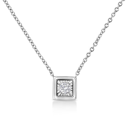 Front view of a white metal necklace with a square pendant featuring a round white gemstone in a miracle setting.