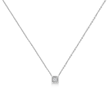 Front-facing shot of a white metal necklace with a square pendant featuring a single round white gemstone in miracle setting.