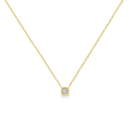 Front view of a yellow metal necklace with a square pendant featuring a round brownish gemstone in a miracle setting.