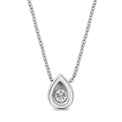 Front view of a white metal necklace with a teardrop-shaped pendant featuring a round white gemstone in a bezel setting.