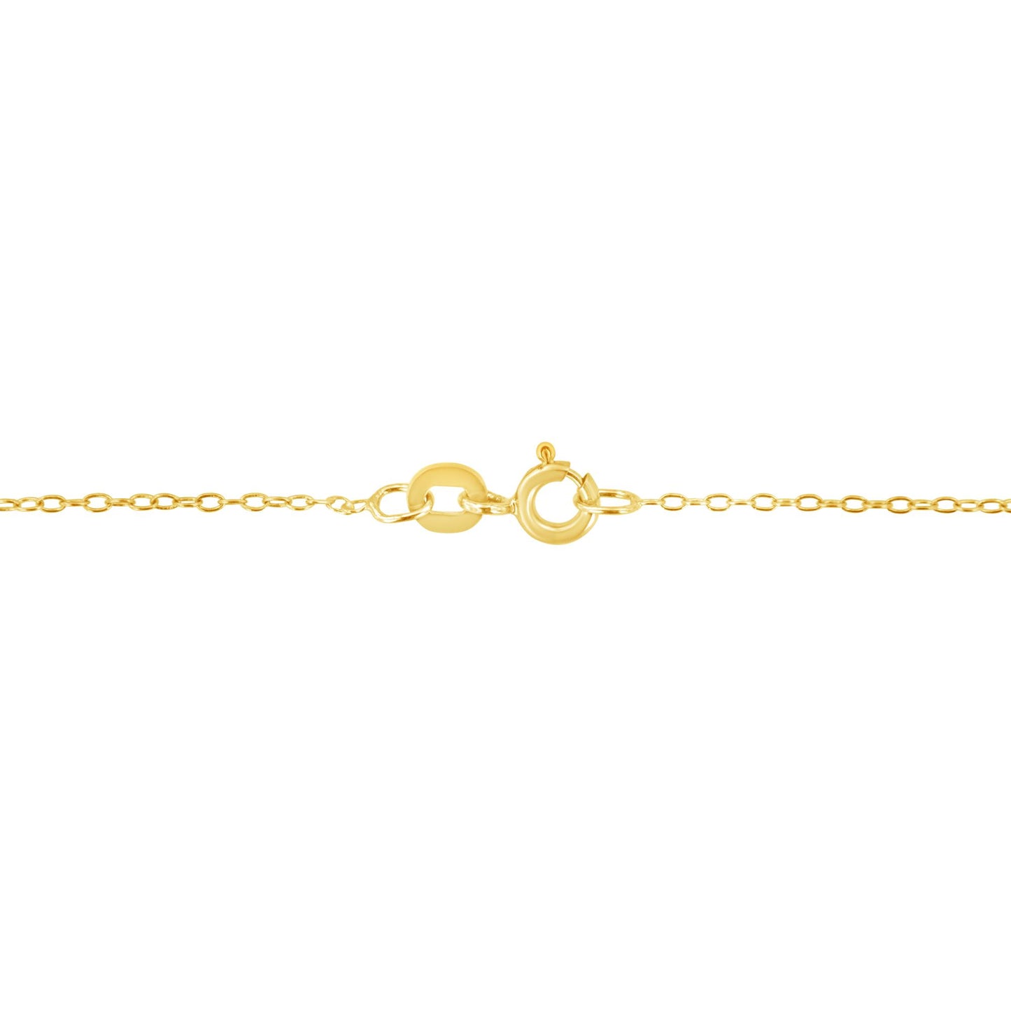 Close-up of yellow metal necklace clasp and chain links, shot from the front.