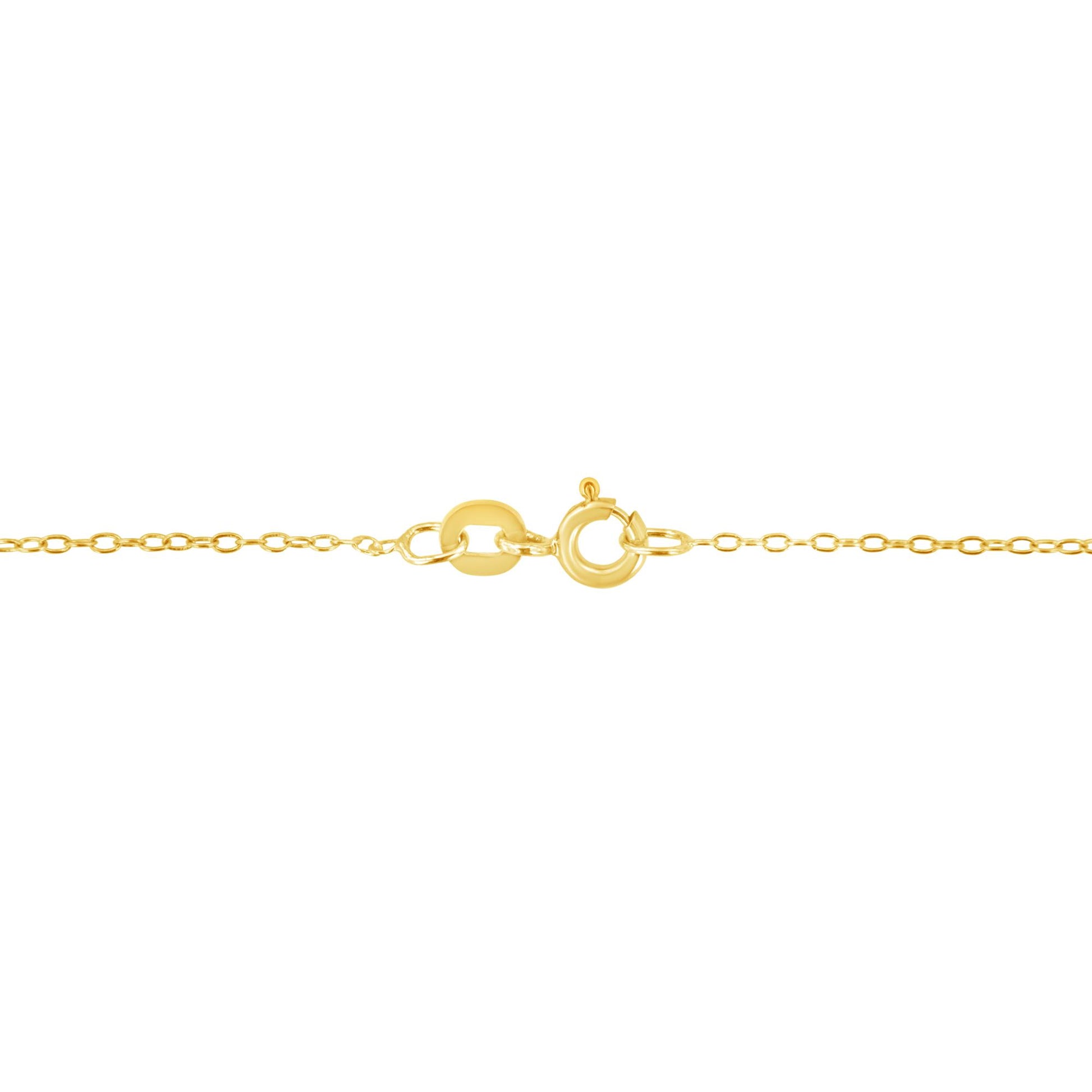 Close-up of yellow metal necklace clasp and chain links, shot from the front.
