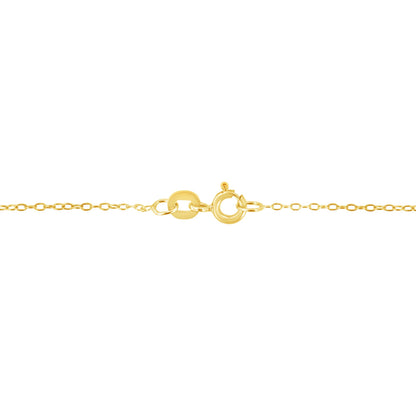 Close-up of yellow metal necklace clasp and chain links, shot from the front.