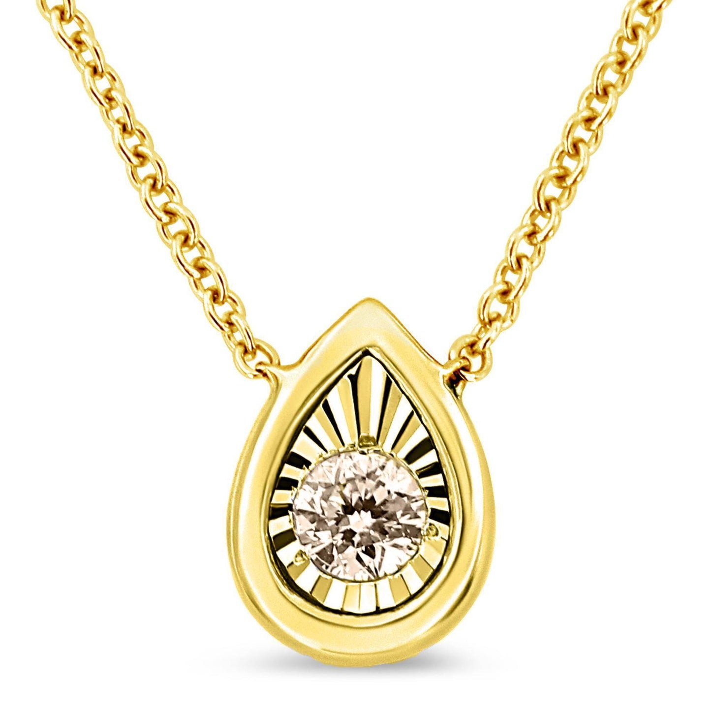 Front-facing close-up of a yellow metal necklace with a teardrop pendant featuring a round brownish gemstone set in a miracle setting.
