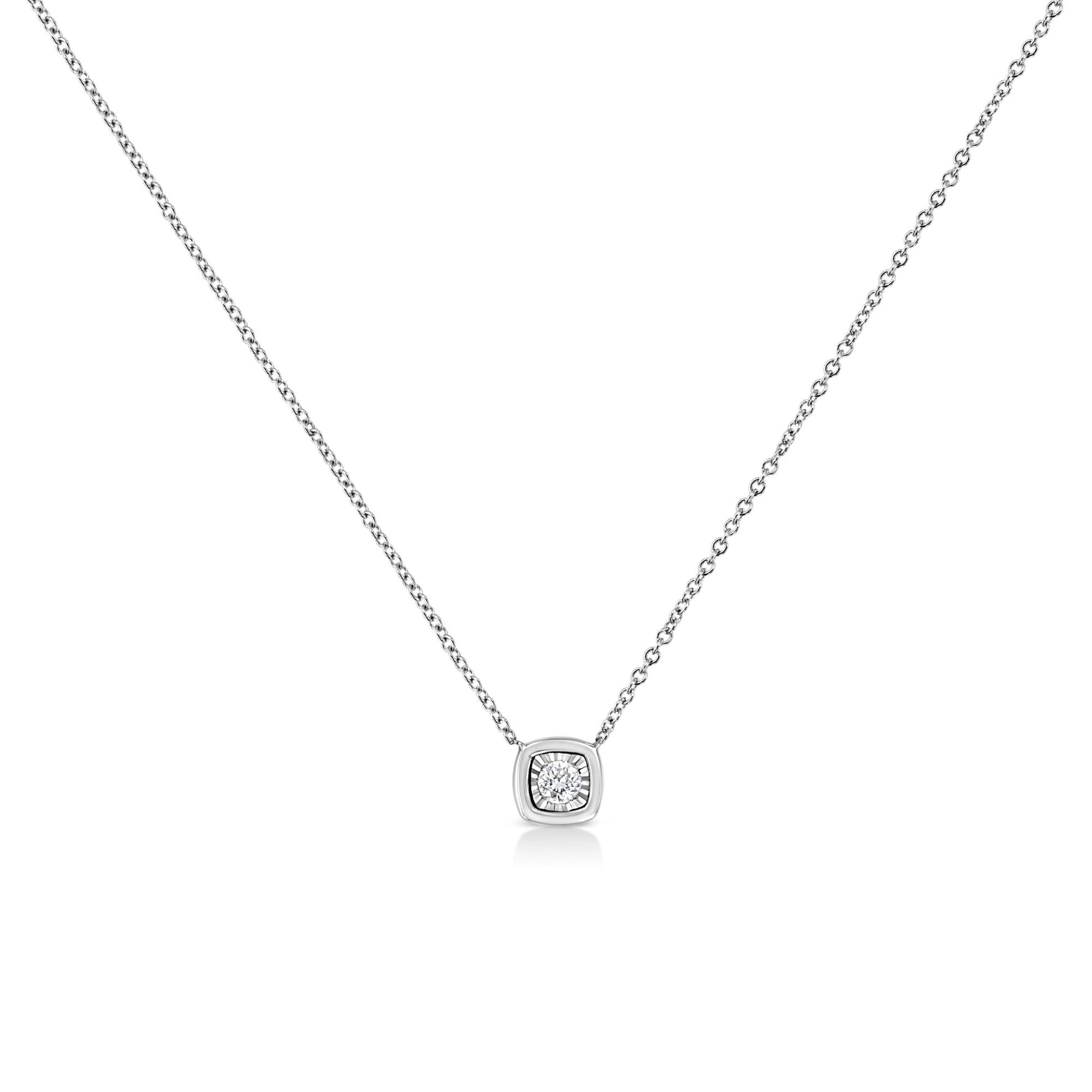Front view of a white necklace with a square pendant featuring a round white gemstone in a miracle setting.