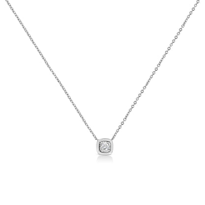 Front view of a white necklace with a square pendant featuring a round white gemstone in a miracle setting.