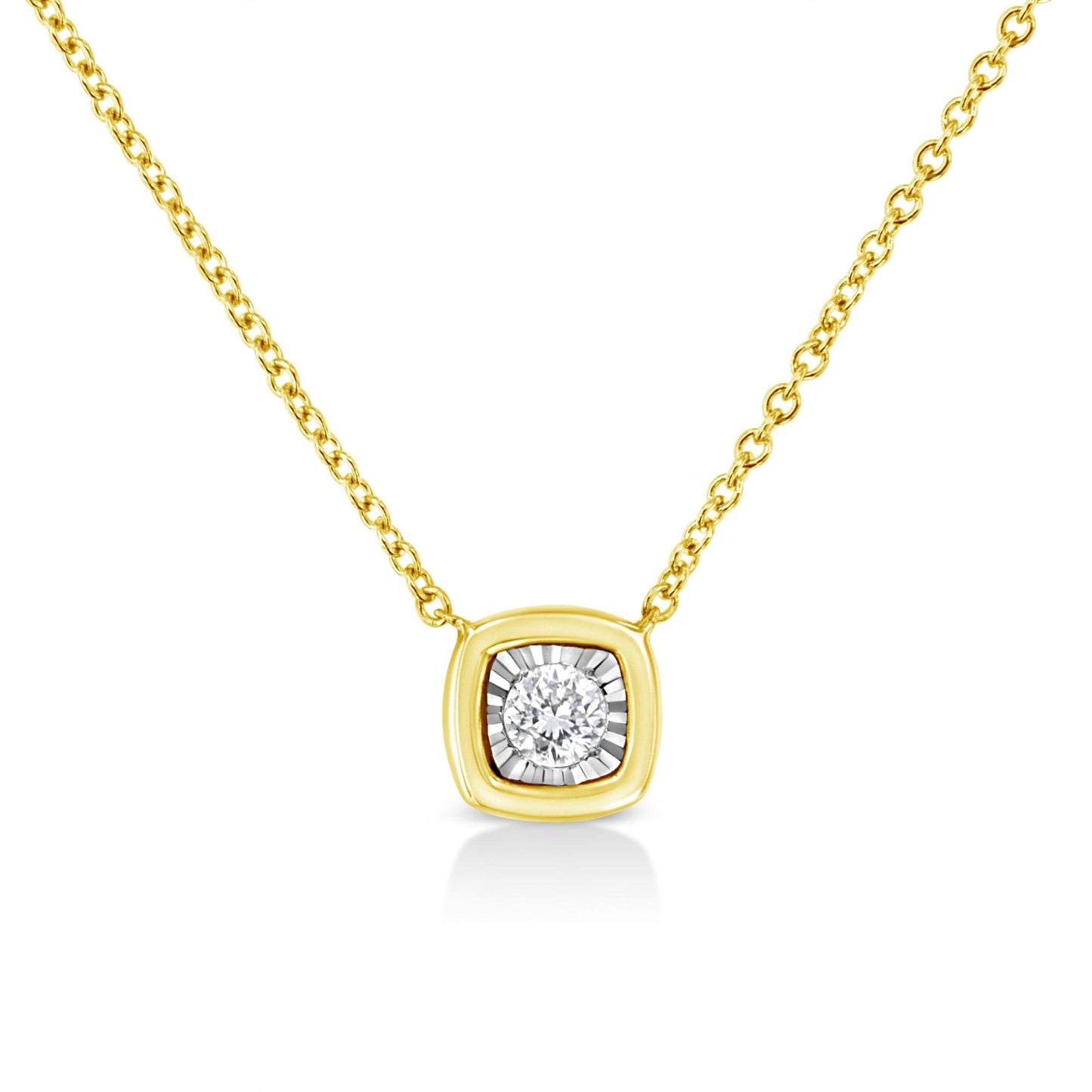 Front-facing close-up of a yellow metal necklace with a square-shaped pendant featuring a round white gemstone in the center with a decorative setting.