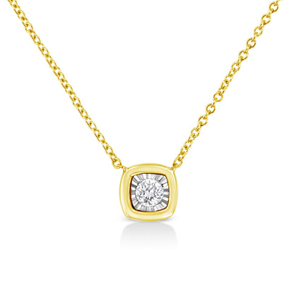 Front-facing close-up of a yellow metal necklace with a square-shaped pendant featuring a round white gemstone in the center with a decorative setting.