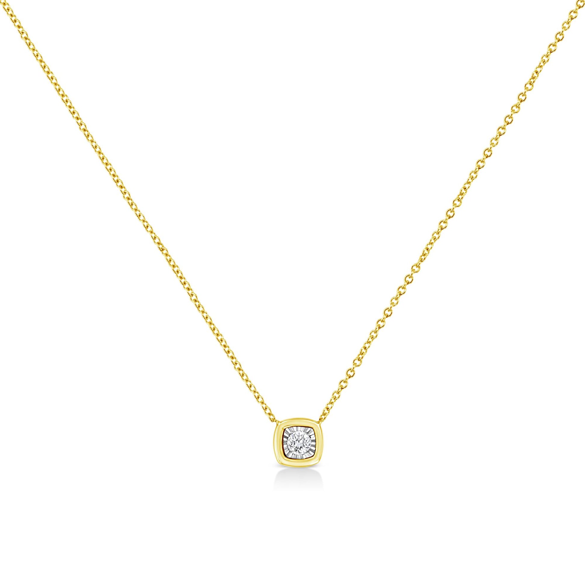 Front view of a yellow necklace with a square-shaped pendant featuring a round brownish gemstone in a miracle setting.