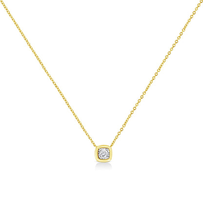 Front view of a yellow necklace with a square-shaped pendant featuring a round brownish gemstone in a miracle setting.