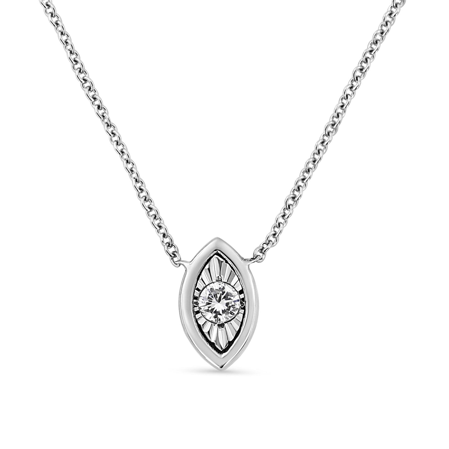 Front view of a white metal necklace with a marquise-shaped pendant featuring a round white gemstone in the center with a decorative setting.