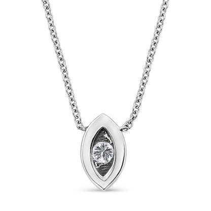 Front view of white metal necklace with an oval-shaped pendant featuring a round white gemstone in the center.