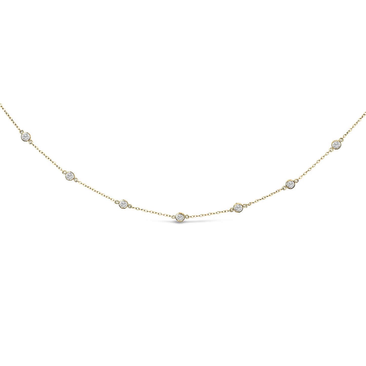 Yellow necklace with round white gemstones in bezel settings, shown from a front angle.