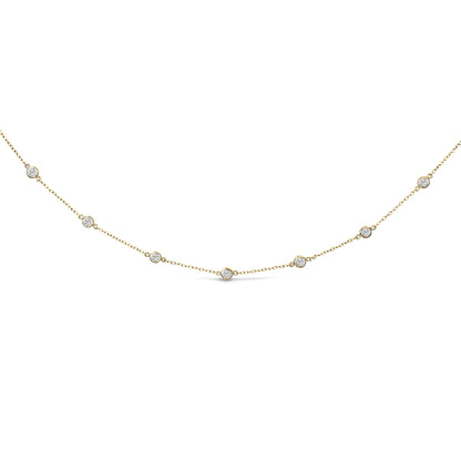 Yellow necklace with round white gemstones in bezel settings, shown from a front angle.