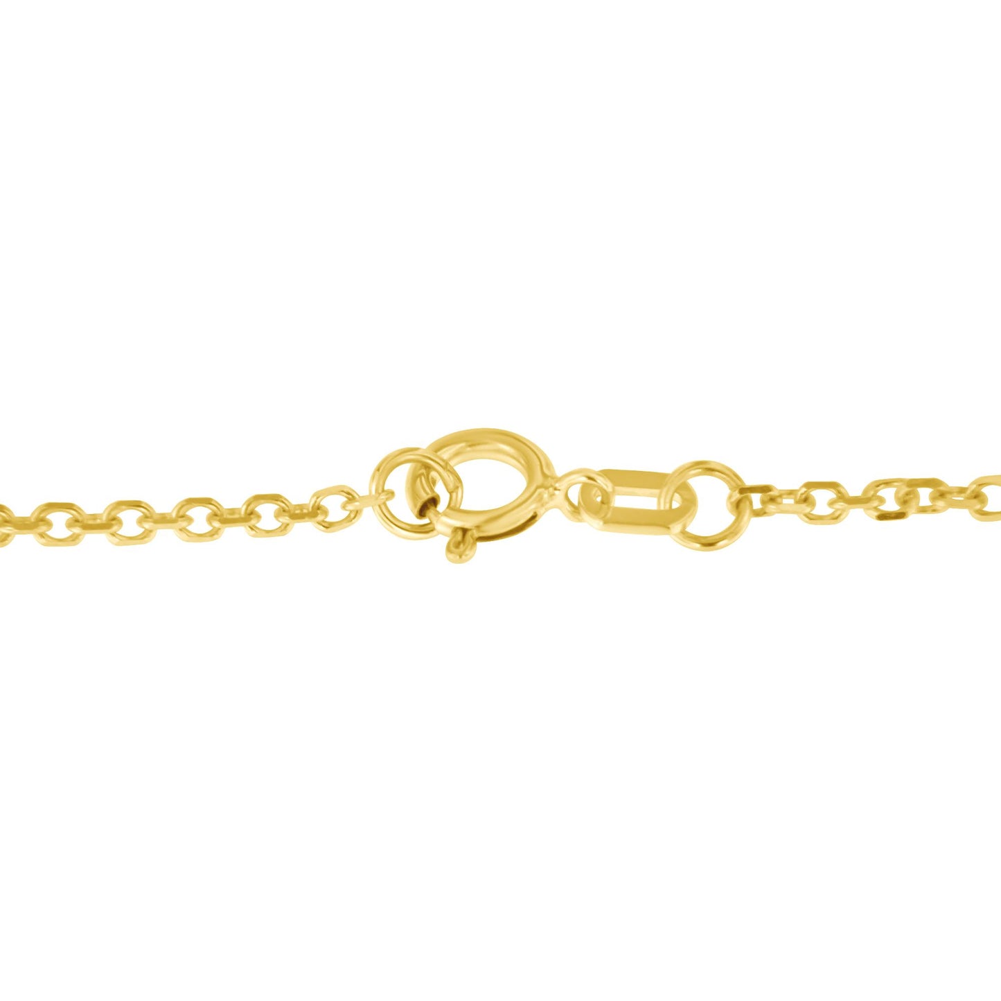 Close-up side angle of yellow metal necklace chain with a spring ring clasp.