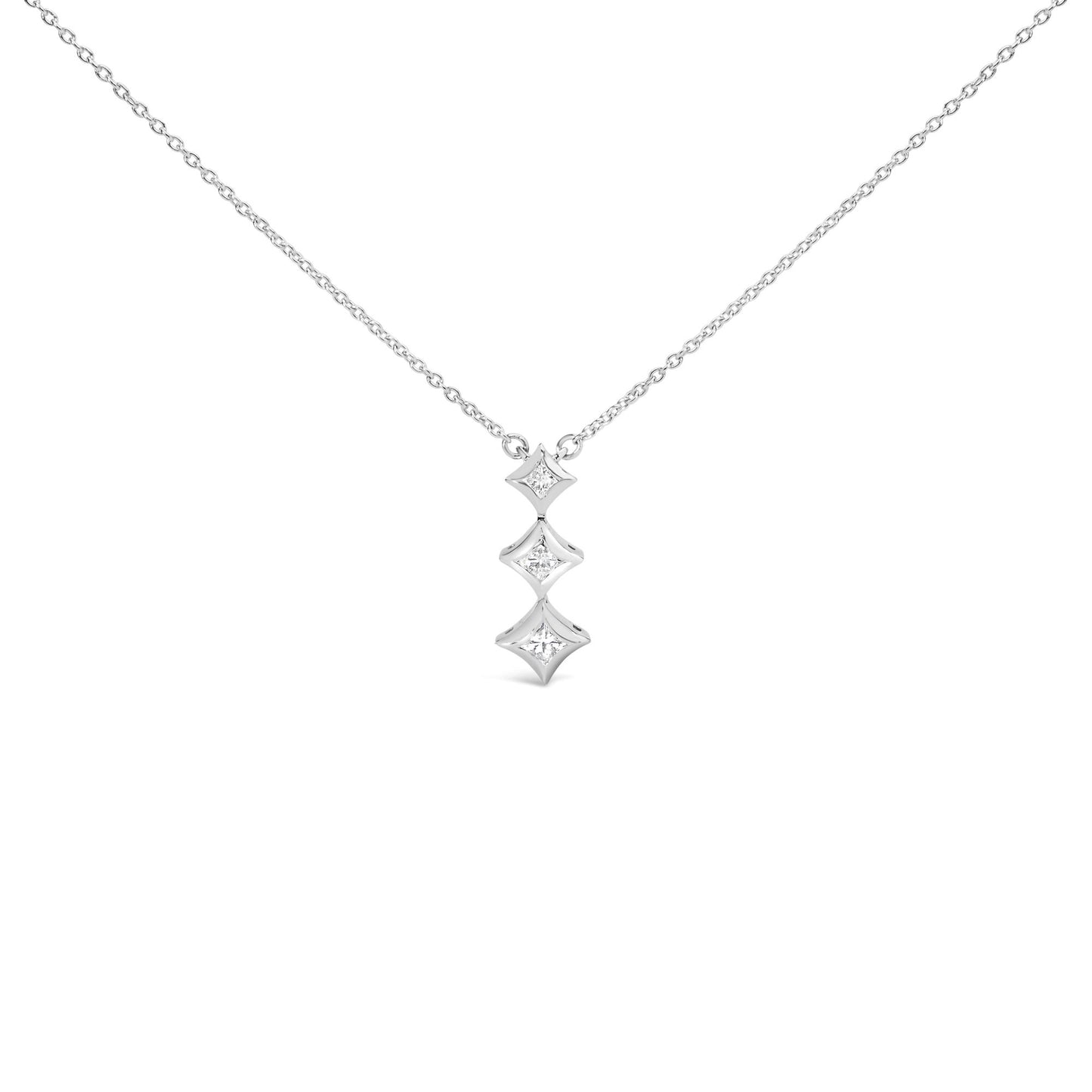 Front view of a white metal necklace with a pendant featuring three vertically aligned bezel-set white princess-shaped gemstones.