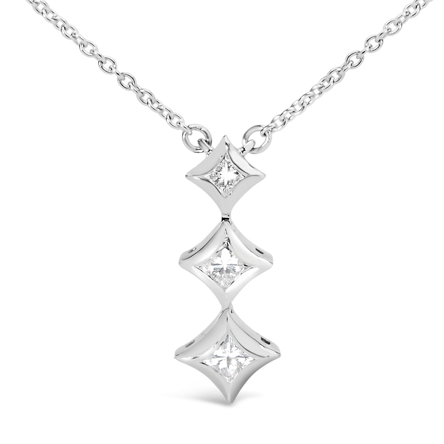 White metal necklace with a pendant featuring three vertically aligned princess-shaped white gemstones in bezel settings, shown in a front-facing close-up shot.