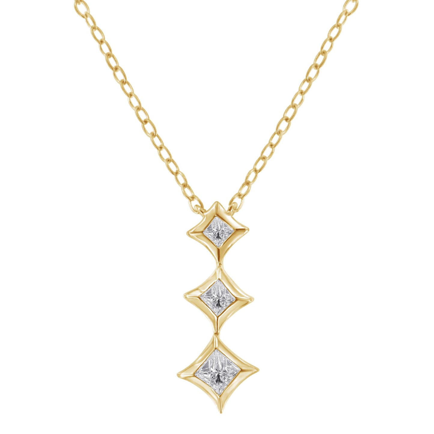 Front view of a yellow metal necklace with a pendant featuring three white gemstones in bezel settings, arranged vertically.