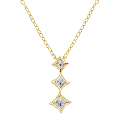 Front view of a yellow metal necklace with a pendant featuring three white gemstones in bezel settings, arranged vertically.