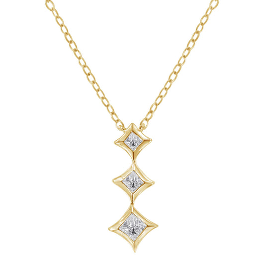 Front view of a yellow metal necklace with a pendant featuring three white gemstones in bezel settings, arranged vertically.