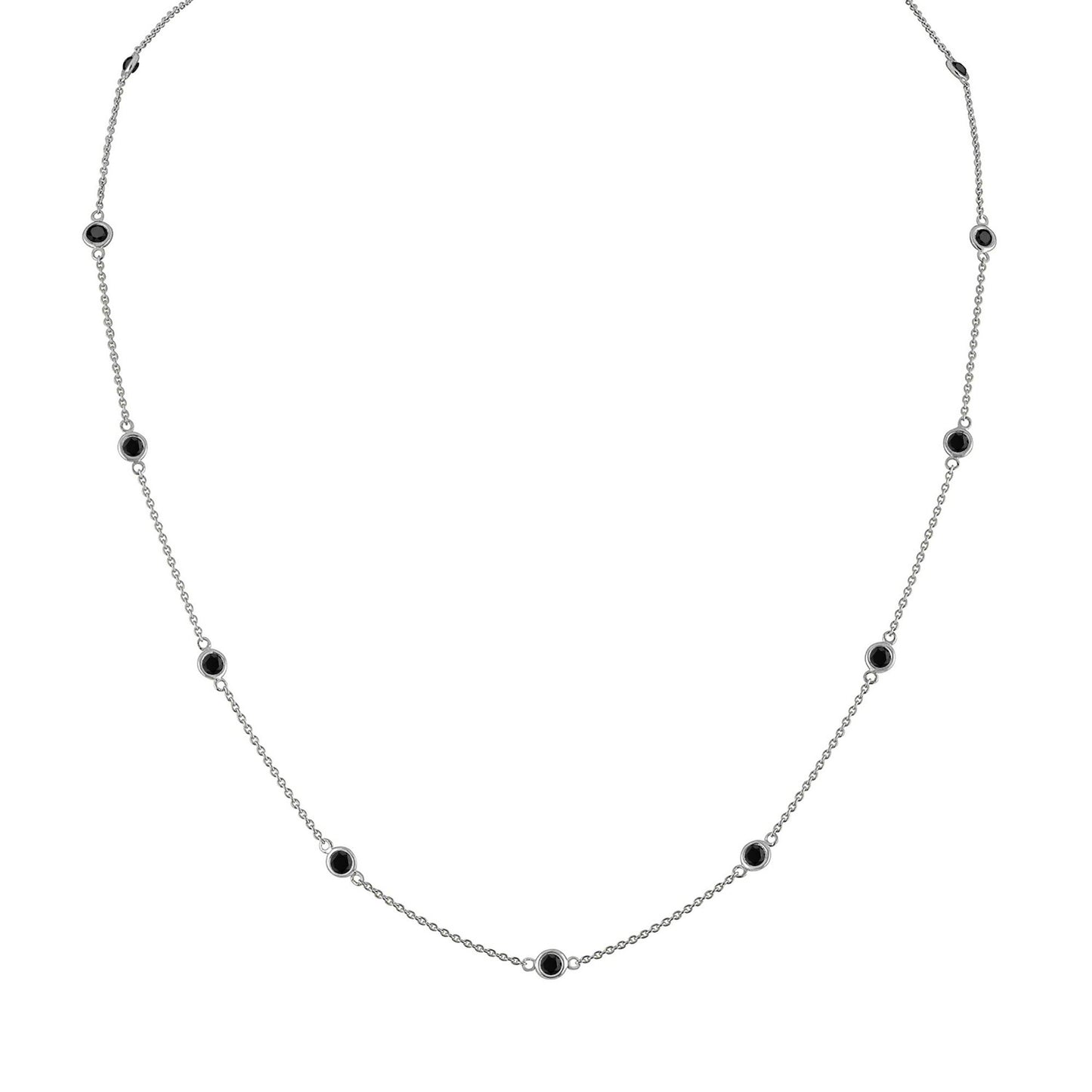Round bezel-set black gemstones necklace on a white metal chain, front-facing angle.