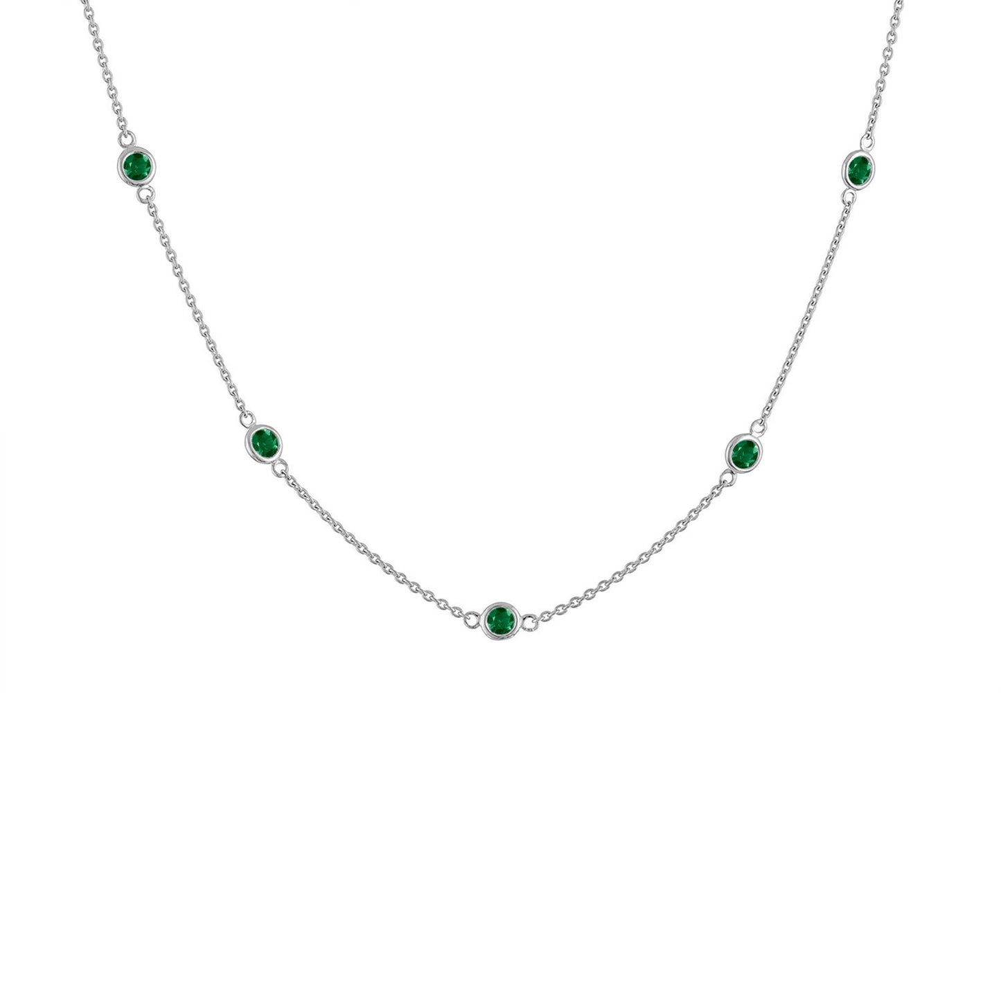 White metal necklace with evenly spaced round green gemstones in bezel settings, shown in a front-facing close-up angle.