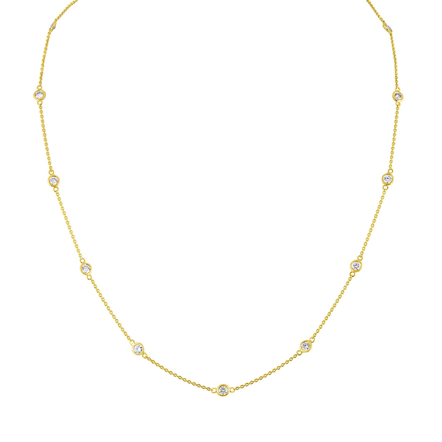 Front-facing close-up of a yellow necklace with round white gemstones in bezel settings spaced along the chain.