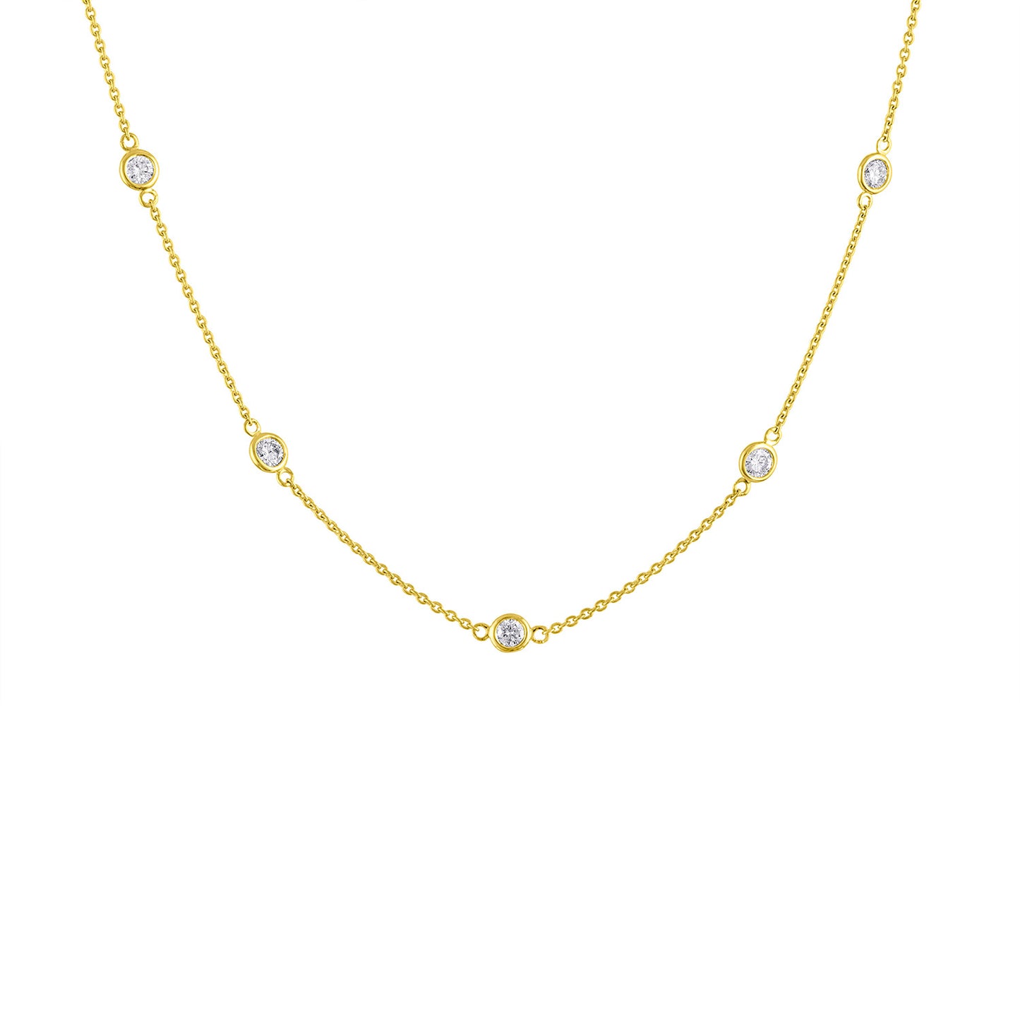 Yellow metal necklace with round white gemstones in bezel settings evenly spaced along the chain, shown in a front-facing close-up angle.
