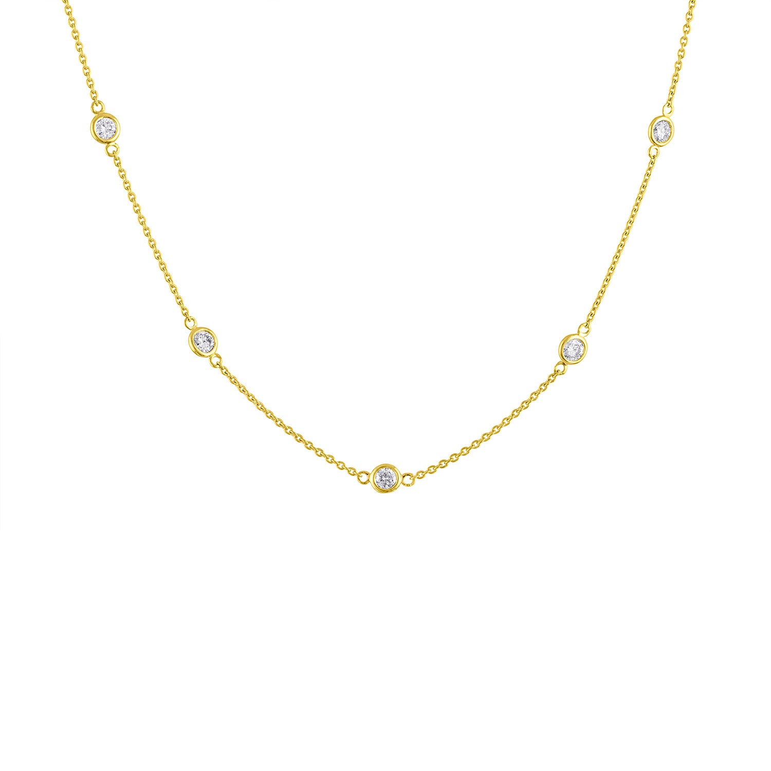 Yellow metal necklace with round white gemstones in bezel settings evenly spaced along the chain, shown in a front-facing close-up angle.