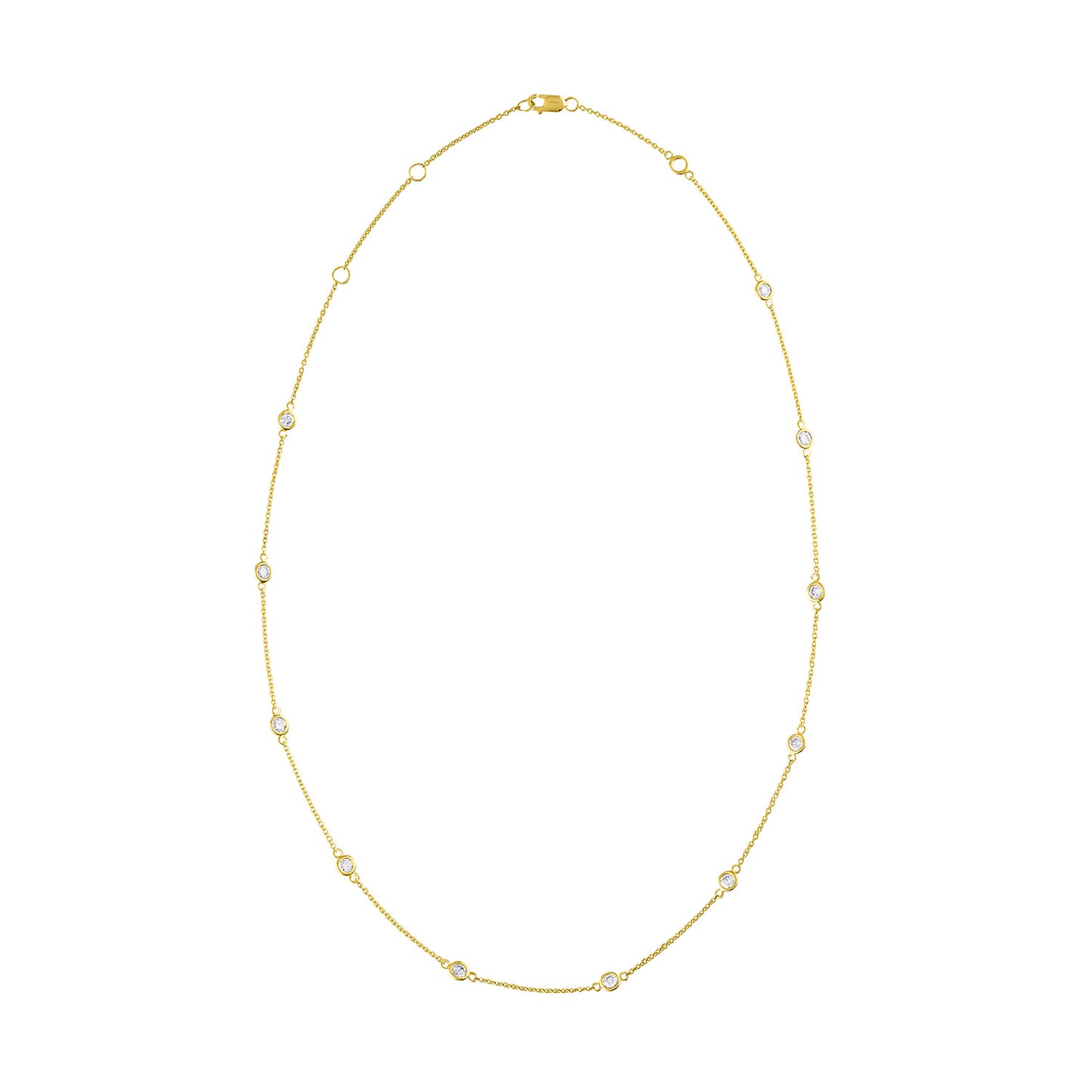 Front-facing shot of a yellow metal necklace with small round white gemstones in bezel settings evenly spaced along the chain.