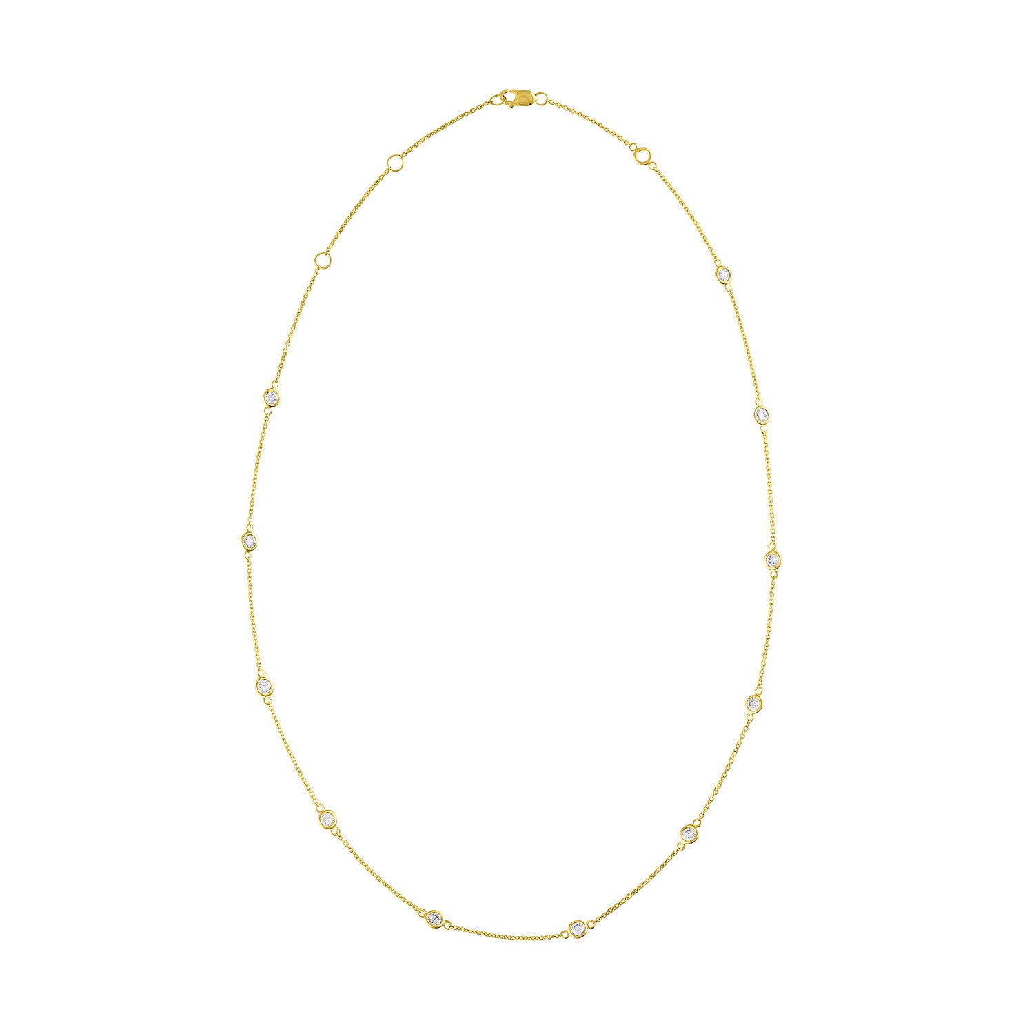 Front-facing shot of a yellow metal necklace with small round white gemstones in bezel settings evenly spaced along the chain.