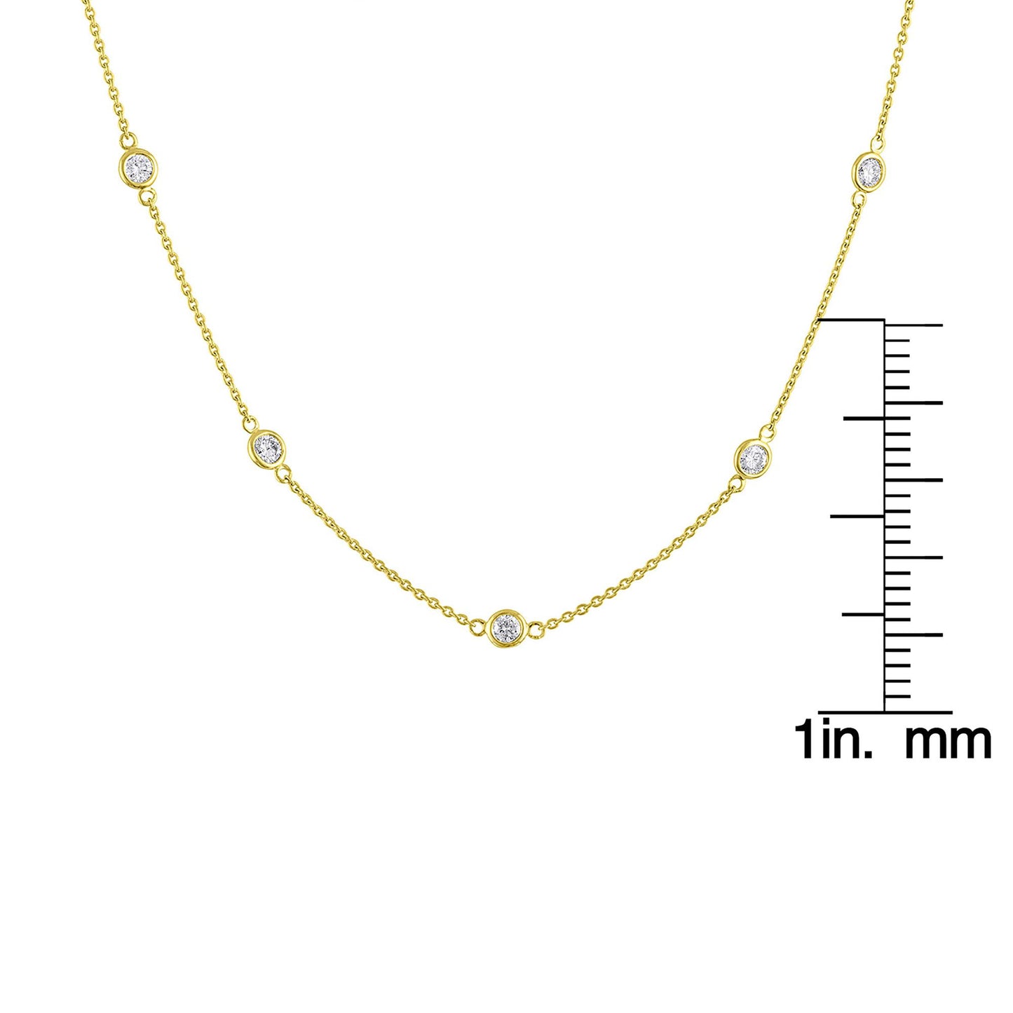 Close-up front view of a yellow metal necklace with round white gemstones in bezel settings spaced along the chain, shown on a scale.