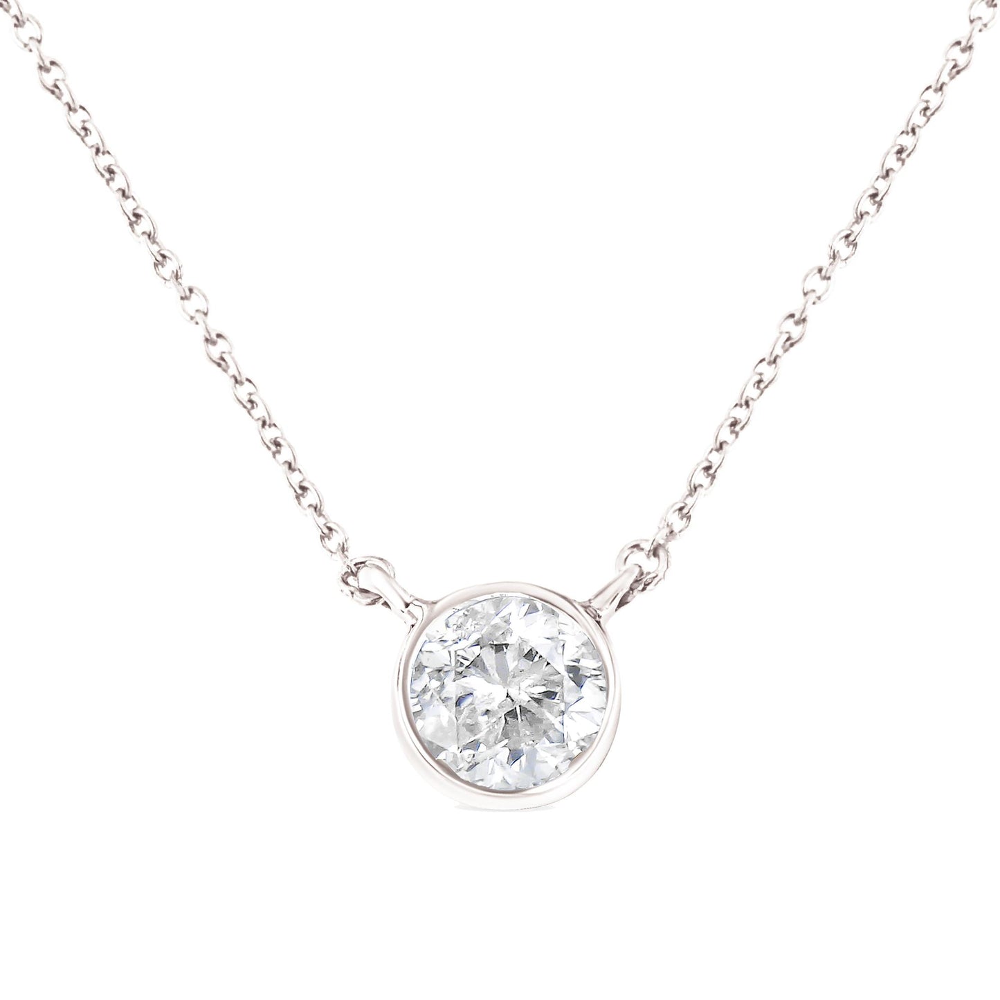 Close-up front view of white metal necklace with a round white gemstone in a bezel setting centered on the chain.