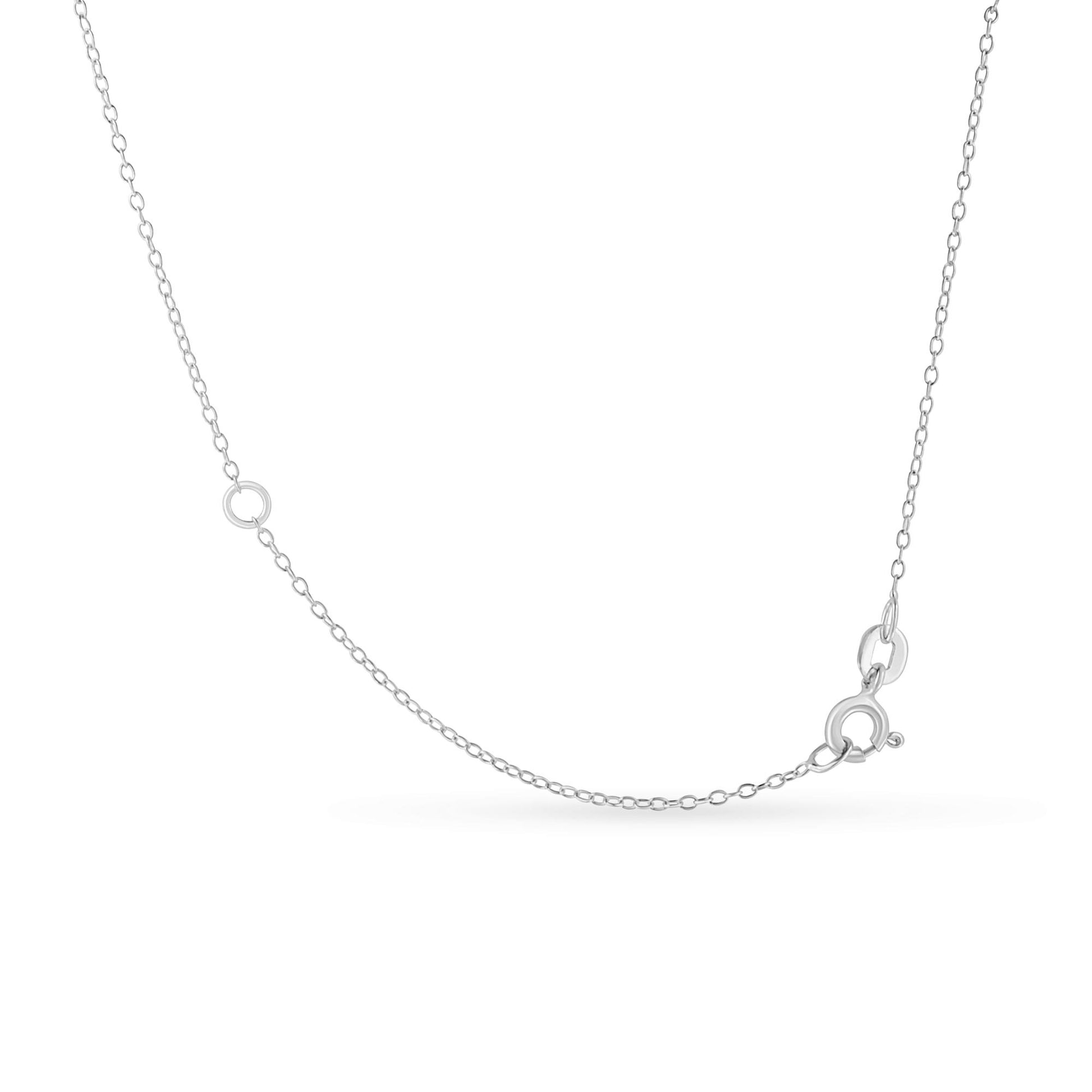 Close-up front angle of a white metal necklace chain with a round bezel-set white gemstone and a circular clasp.
