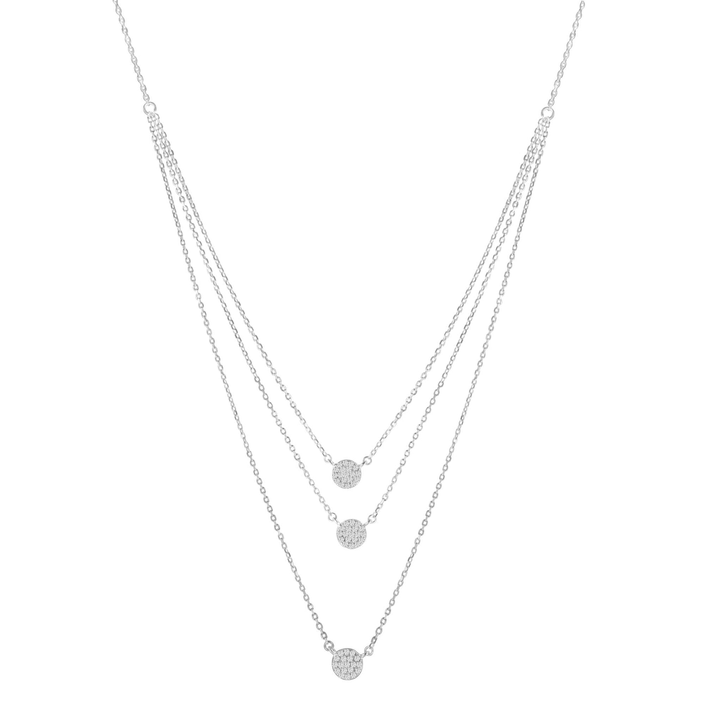 Front view of a white metal necklace with three layered chains, each featuring a round pendant paved with small white gemstones in prong settings.